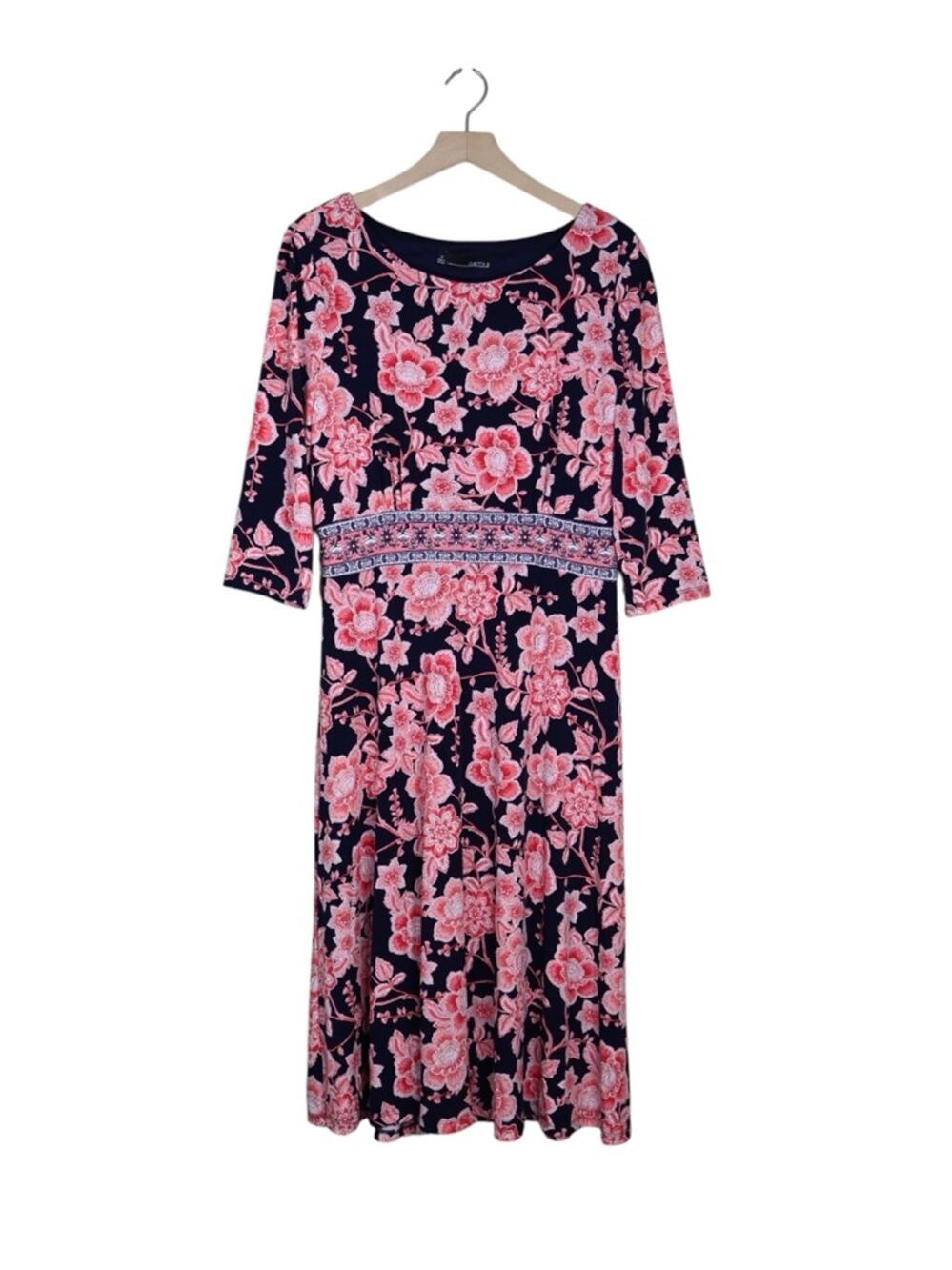 Chetta B Women's 12 Navy & Coral Floral Print Midi Dress